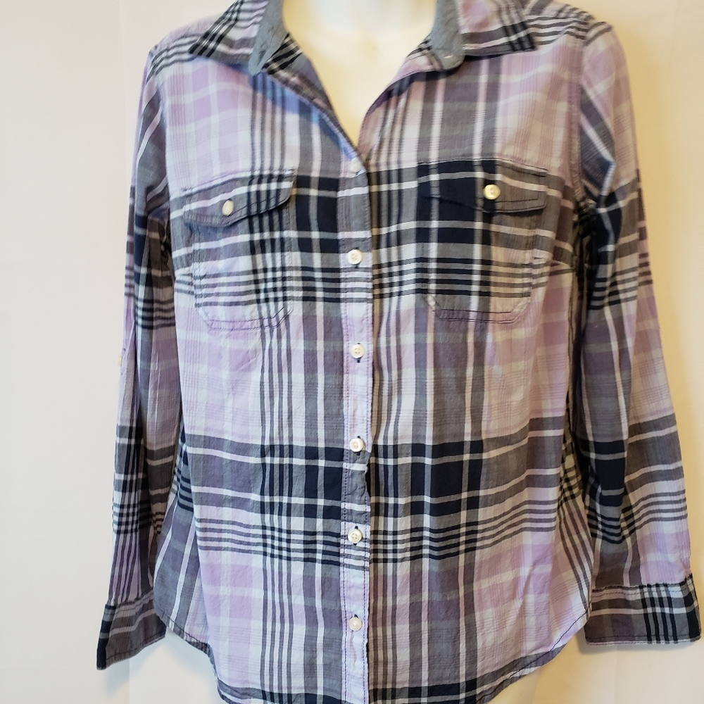 St.‎ John's Bay Purple Plaid Long Sleeve Shirt PM